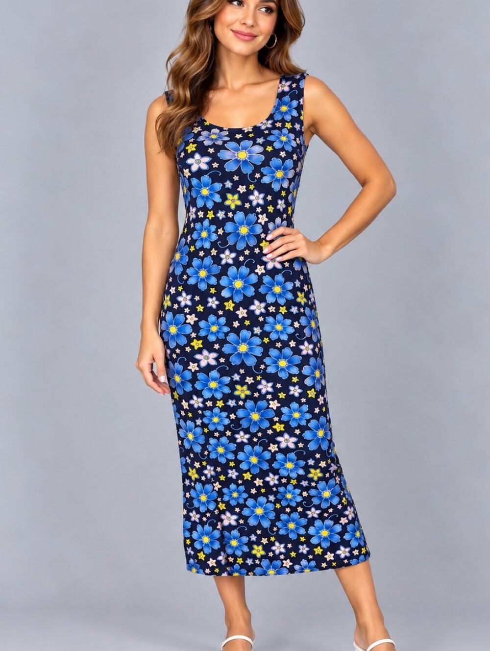 AWESOME WEAR Blue Daisy Floral Sleeveless Tie Back Slits Lightweight Midi Dress